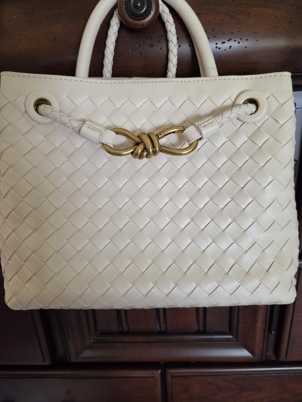 Cream Woven Tote/Purse with Gold Knot Accent